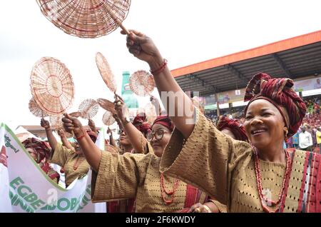 Nigerian women showcasing their traditional attire in paying homage to the traditional ruler of Ijebu Land during the Ojude Oba Festival in Nigeria. Stock Photo