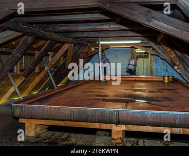 Unfortunately empty when we visited the communal brewery. The copper “ship” in which the wort can cool down for a night before it is transported to the private brewer's cellar for fermentation in Windischeschenbach, Germany Stock Photo