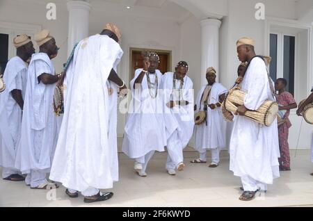 Ooni of Ife's traditional entertainers performing during the Olojo Festival, Osun State, Nigeria. Stock Photo