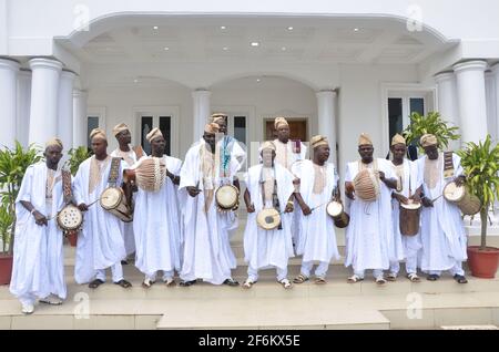 Ooni of Ife's traditional entertainers performing during the Olojo Festival, Osun State, Nigeria. Stock Photo