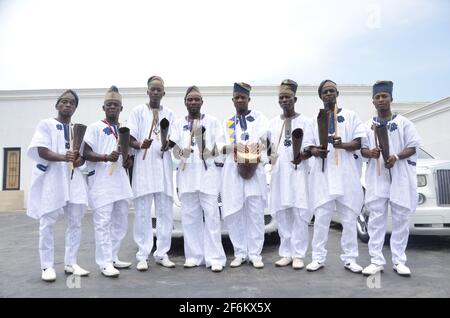 Ooni of Ife's traditional entertainers performing during the Olojo Festival, Osun State, Nigeria. Stock Photo