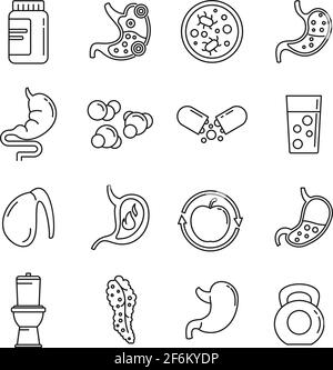 Digestion health icons set, outline style Stock Vector