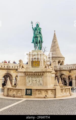 Monument of St. Stephanthe. Historical Buda Castle district listed as World Heritage by UNESCO, Fisherman's Bastion, Neoromanesque.  Hungary, Budapest Stock Photo