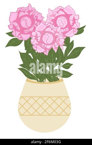 Vase with Flowers. A container with a bouquet of peonies. Large garden pink flowers with leaves, vector. Stock Vector