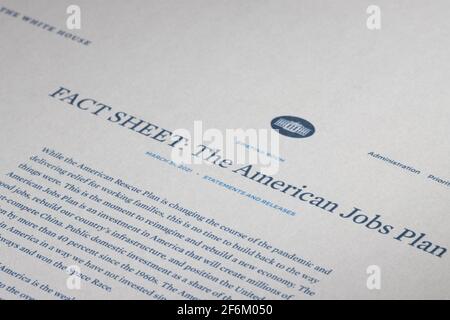 Closeup of the fact sheet copy of the American Jobs Plan, the infrastructure plan by the Biden Administration released on March 31, 2021. Stock Photo