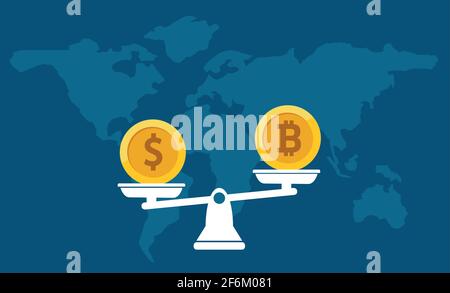Balance Dollar VS Bitcoin concept with world map. Vector. Stock Vector