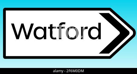 A graphic illlustration of a British road sign pointing to Watford Stock Photo