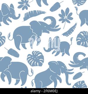 Seamless pattern with funny pink elephants and tropical leaves. Vector pattern for fabrics, clothes, for wrappers and packages, wallpaper, pastelgo linen and textiles, baby products. Stock Vector