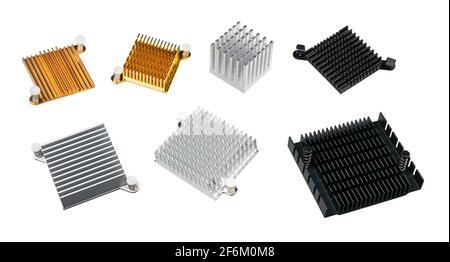 Set of various anodized aluminum coolers. Alu heat sinks for cooling of electronic components as chipsets on computer motherboard or video cards. Tech. Stock Photo