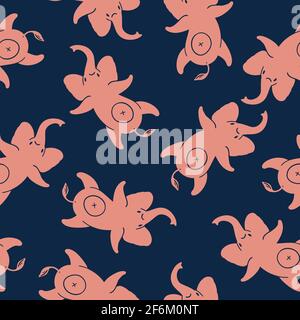 Seamless pattern with funny pink elephants on a dark blue background. Vector pattern for fabrics, clothes, for wrappers and packages, wallpaper, pastelgo linen and textiles, baby products. Stock Vector