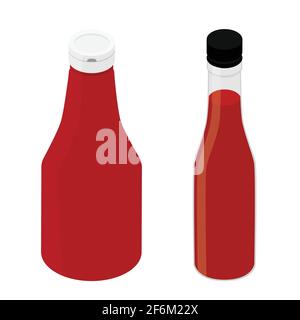 Tomato ketchup and hot sweet chili pepper sauce bottles isolated on white background. Isometric view. Vector Stock Vector