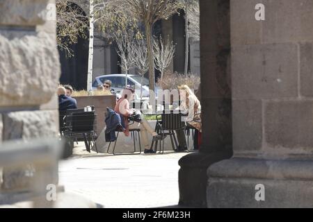 Sofia, Bulgaria - Apr 1 2021: Two women sitting in a cafe and chatting Stock Photo