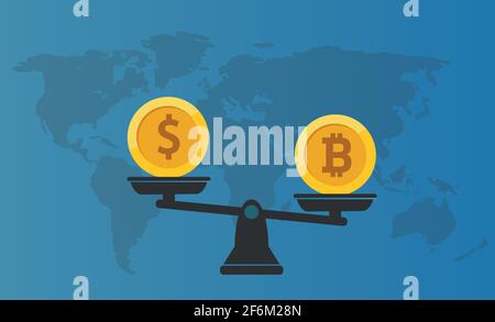 Balance Dollar VS Bitcoin concept with world map on background. Vector. Stock Vector