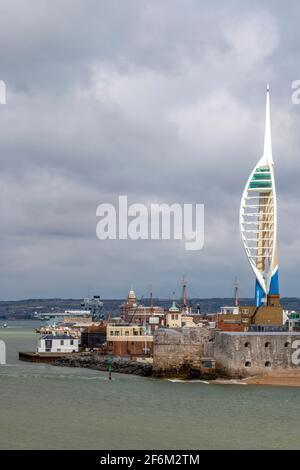 the spinnaker tower at gunwharf quays shopping centre on the waterfront in the historic naval city of portsmouth in hampshire, uk