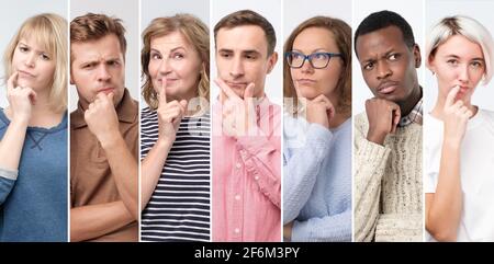 Collage of studio portrait people thinking, planning, trying to make a decision. Stock Photo