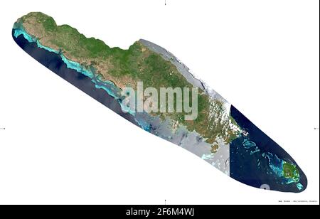 Sud, province of New Caledonia. Sentinel-2 satellite imagery. Shape isolated on white. Description, location of the capital. Contains modified Coperni Stock Photo