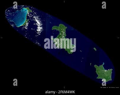 Iles Loyaute, province of New Caledonia. Sentinel-2 satellite imagery. Shape isolated on black. Description, location of the capital. Contains modifie Stock Photo