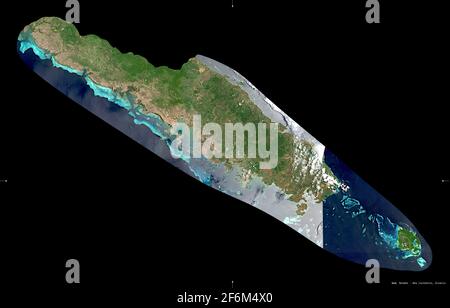 Sud, province of New Caledonia. Sentinel-2 satellite imagery. Shape isolated on black. Description, location of the capital. Contains modified Coperni Stock Photo