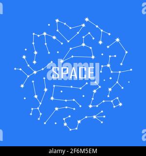 Space poster with zodiac constellation symbols. Round concept banner with connected shining star signs on blue background. Vector illustration. Stock Vector