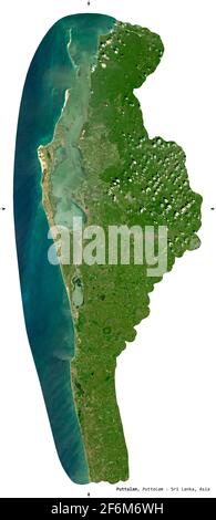 Puttalam, district of Sri Lanka. Sentinel-2 satellite imagery. Shape isolated on white. Description, location of the capital. Contains modified Copern Stock Photo