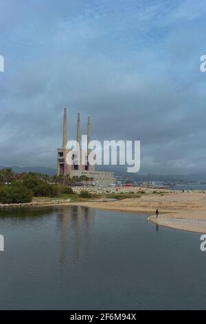 Landscape with an old disused thermal power station for the production of electric energy in Barcelona Spain Stock Photo