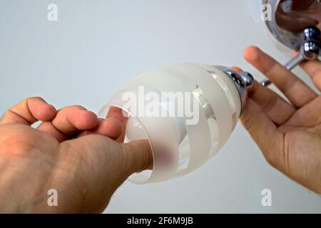 The left man's hand holds the arm of the chandelier the right hand screws or unscrews energy-saving ball-type lamp on white ceiling background. Concep Stock Photo