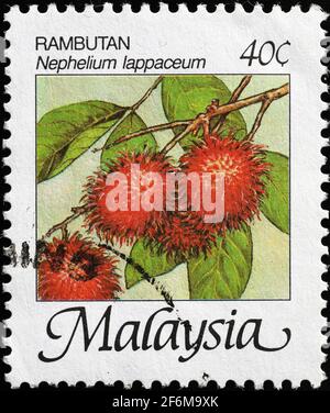 Rambutan fruit on malaysian postage stamp Stock Photo