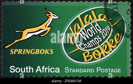 Team of Springboks celebrated on south african stamp Stock Photo