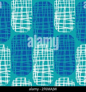 Irregular weave effect vector rectangles seamless pattern background. Backdrop with alternating columns of cobalt blue and white rounded coarsely Stock Vector