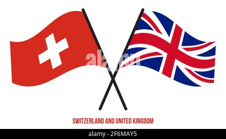 Switzerland and United Kingdom Flags Crossed And Waving Flat Style. Official Proportion. Correct Colors. Stock Vector