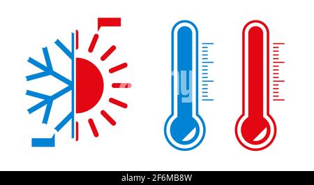 Cold and hot, snowflake and sun, blue and red thermometer icons. Vector illustration isolated on white. Stock Vector