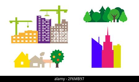 Construction of apartment buildings, park, village, skyscrapers. Colorful vector icons. Apartments renovation. Vector illustration isolated on white. Stock Vector