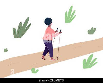 Elderly african woman is engaged in Nordic walking with sticks on path in the park. Old plump fashionable black woman walk on foot Stock Vector