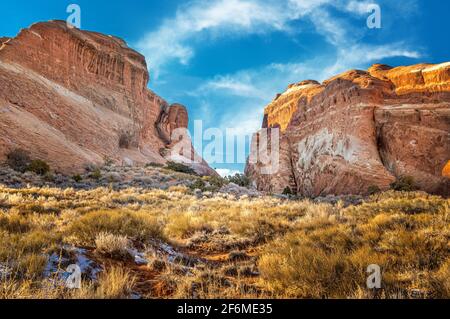 View through the rock formations on the Devilds Garden trail in the Arches National Park, Utah Stock Photo