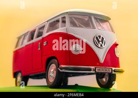 Andover, MA, US-April 1, 2021: Stylized pop art close-up of toy Volkswagen microbus van. Stock Photo