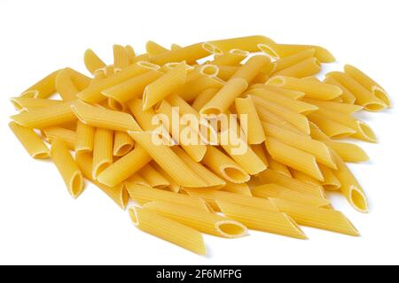 Penne rigate uncooked pasta isolated on white Stock Photo