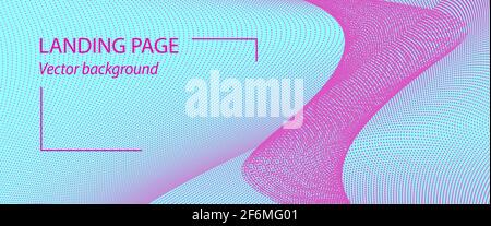 Magenta wave pattern, celeste background. Abstract landing page template. Bright pink points, particles. Dotted curves. Vector digital data concept Stock Vector