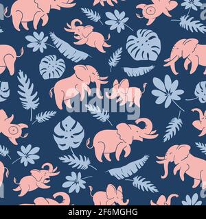 Blue tropical leaves, plants, flowers on dark blue background Vector seamless pattern. Beautiful print with exotic plants. Botanical design of fabrics, wallpapers, natural cosmetics, perfumes. Stock Vector