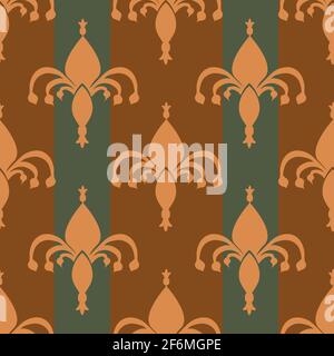 Fleur-de-lys striped vector seamless pattern background. Hand drawn ornamental shapes with vertical stripes sage green ochre backdrop.Royal French Stock Vector