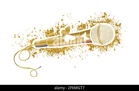 Gold microphone with beautiful shiny butterflies. Mic vector icon. Cartoon vector icon isolated on white background mic. Vector illustration Stock Vector