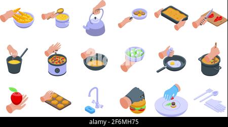 Hands preparing foods icons set. Isometric set of hands preparing foods vector icons for web design isolated on white background Stock Vector