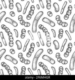 Bacterium seamless pattern in realistic sketch stile. Hand drawn medical background. Vector illustration Stock Vector