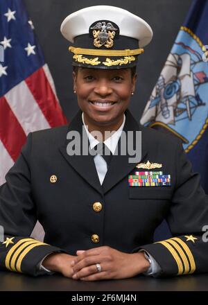 U.S. Navy Cmdr. LaDonna M. Simpson, commanding officer of the Harpers Ferry-class amphibious dock landing ship USS Carter Hall official portrait January 4, 2021 in Virginia Beach, Virginia. Stock Photo