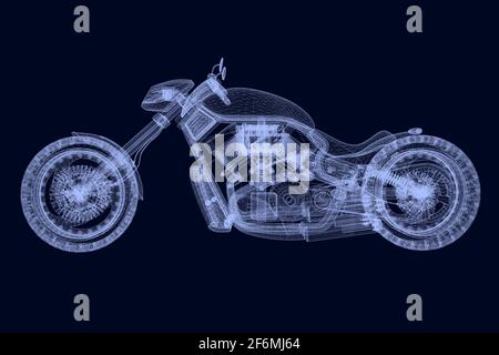 Motorcycle wireframe made of blue lines on a dark background. Side view. 3D. Vector illustration. Stock Vector