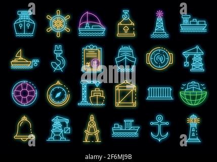 Marine port icons set. Outline set of marine port vector icons neon color on black Stock Vector
