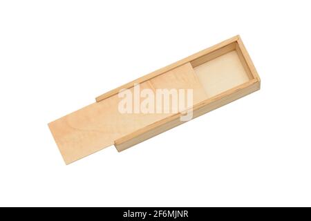 Wooden long empty box with lid. Isolated white background. Stock Photo