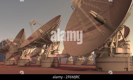 3D Illustration of a satellite dish array of antennas, with the work ...