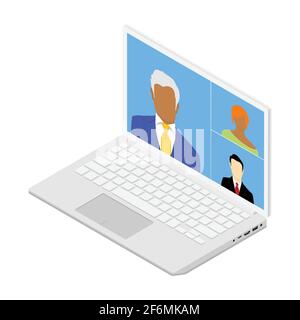 Talking to colleagues about plan in video conference. Multiethnic business team using laptop for a online meeting in video call. Group of people smart Stock Vector