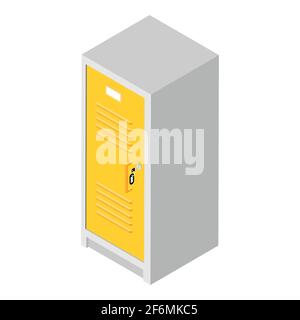 Yellow metal locker door with key isolated on white background. Isometric view. Vector Stock Vector