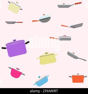 Kitchenware and cooking utensils colorful seamless pattern. Flat and solid color vector illustration. Stock Vector